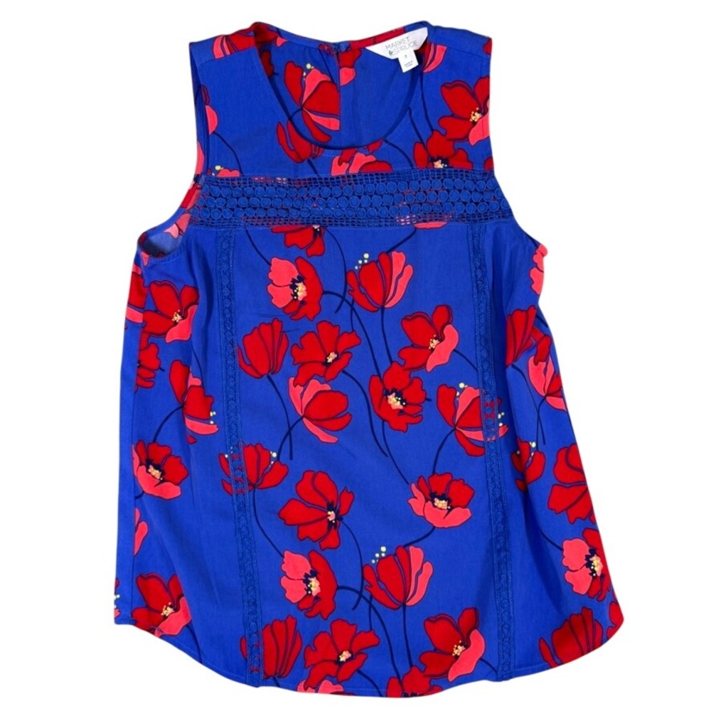 Market & Spruce Blue Red Floral Sleeveless Crochet Lace Trim Blouse Medium
